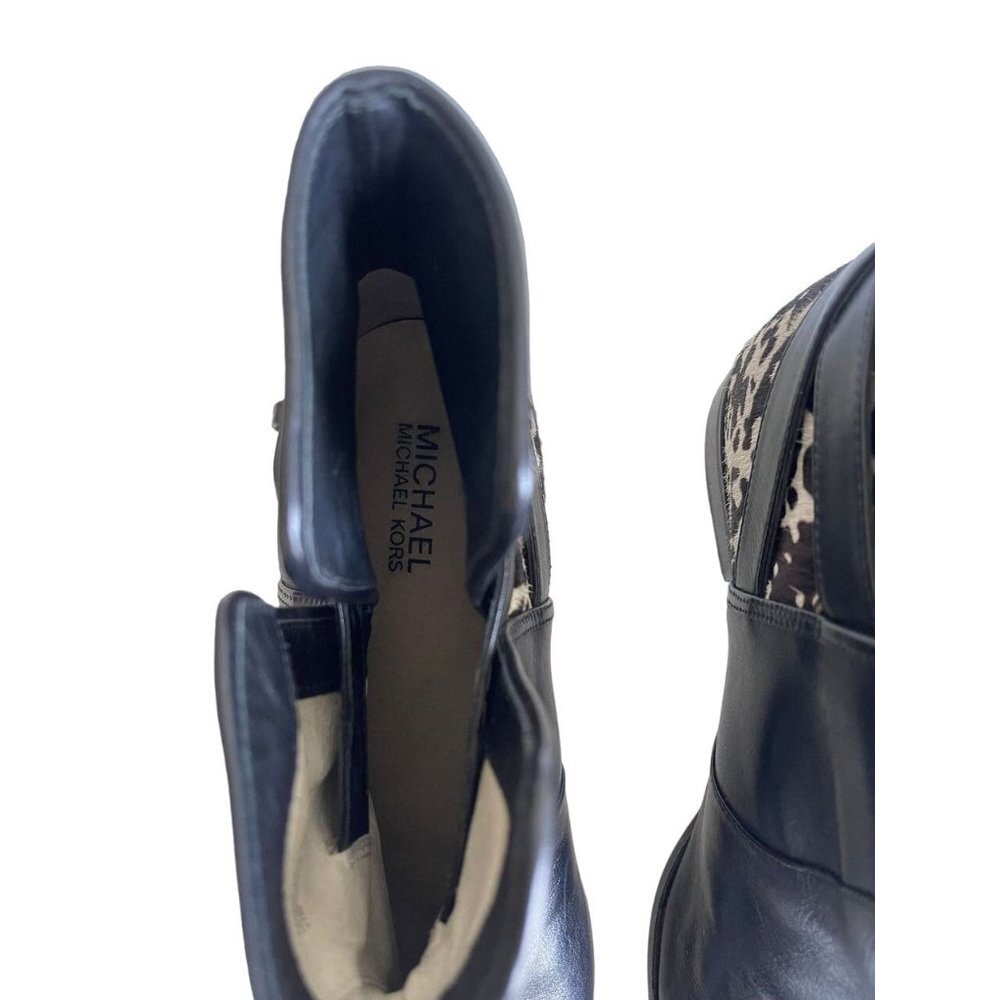 Michael Kors Black Leather Ankle Boots with Brown & White Animal Print Heel - Picture 7 of 8